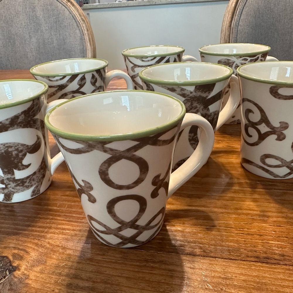 Southern Living At Home TERRACE Brown and Cream Mug Set with Green Trim